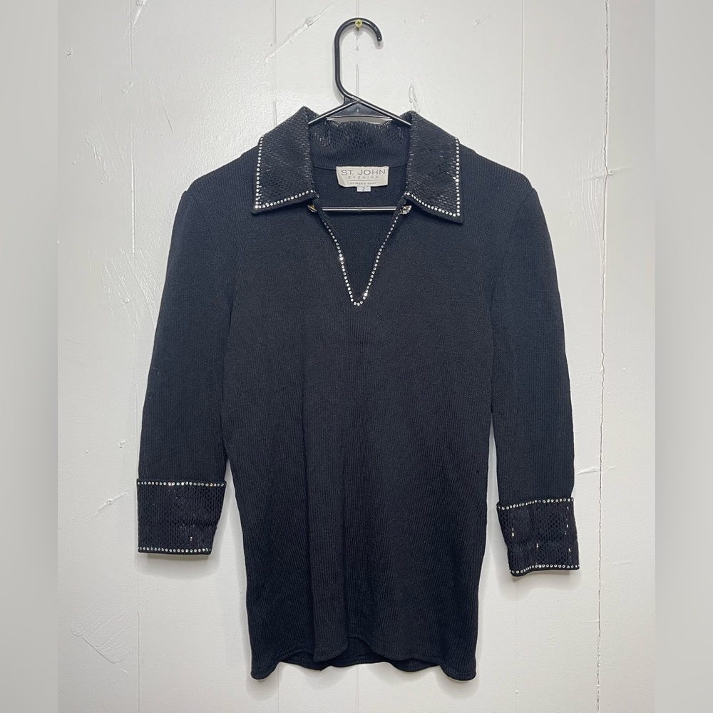 St. John evening Woman’s Sweater Size 2 small Black Knit V Neck sequins jewels